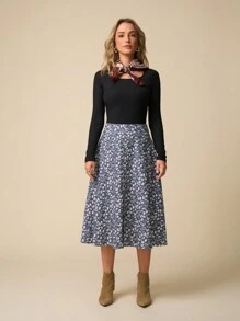 LanaWest Women's Navy Blue Ditsy Floral Corduroy Button Front A-Line Skirt