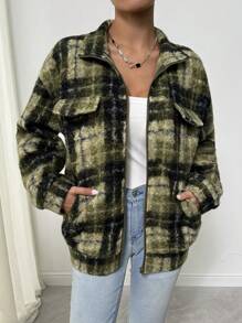 Chiquease Women's Autumn/Winter Plaid Drop Shoulder Long Sleeve Zip Front Casual Regular Jacket