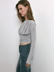 Maija Blusa feminina cinza com ajuste justo e manga comprida, urbana, chique, elegante, vintage, uso diário e festa, Natal, franzida, semi-transparente, malha, dia dos namorados - Cinza - Ver 6