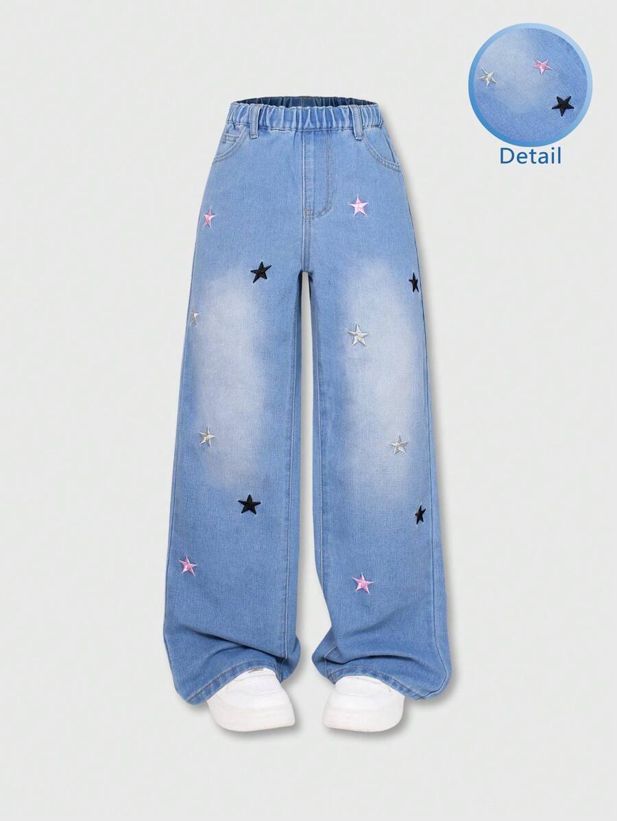 SHEIN Tween Girls Daily Wear Star Pattern Casual Jeans - Light Wash - View 1