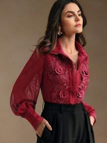 Anewsta Burgundy Elegant Ruffled Lace 3D Floral Sheer Long Sleeve Blouse, New Year Women's Outfit Women Shirt