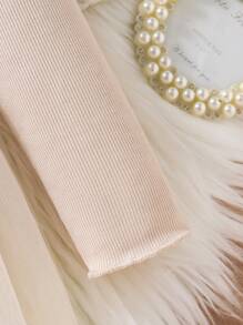 Baby Girl Elegant Adorable Simple Fashion Versatile Comfortable Soft Knit Contrast Mesh, Ruffle Collar Bow Decor Solid Color Apricot Long Sleeve Dress, Suitable For Autumn/Winter/Spring Casual Wear, Outdoor Play, Birthday Party