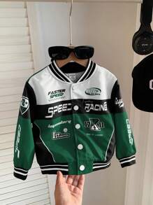 SHEIN Baby Boy Green And Black Color Block Casual Sports Streetwear Motorcycle Jacket, Suitable For Home, Outgoing And Sports, Spring/Autumn/Winter