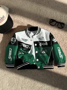 SHEIN Baby Boy Green And Black Color Block Casual Sports Streetwear Motorcycle Jacket, Suitable For Home, Outgoing And Sports, Spring/Autumn/Winter