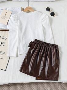 Tween Girl Knit Sweater With Puff Sleeve & PU Leather Ruched Skirt With Bow,Brown And White,Autumn,School,Back-To-School Elegant Party Holiday Outfit - Multicolor - View 2
