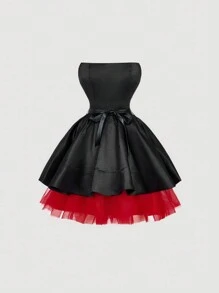 SHEIN MOD 黑色露肩撞色前晚礼服，适合正式场合、派对礼服、性感礼服、舞会礼服、节日服装、新年服装、节日服装、正式礼服、派对礼服、情人节礼服 - 黑色 - 查看 1