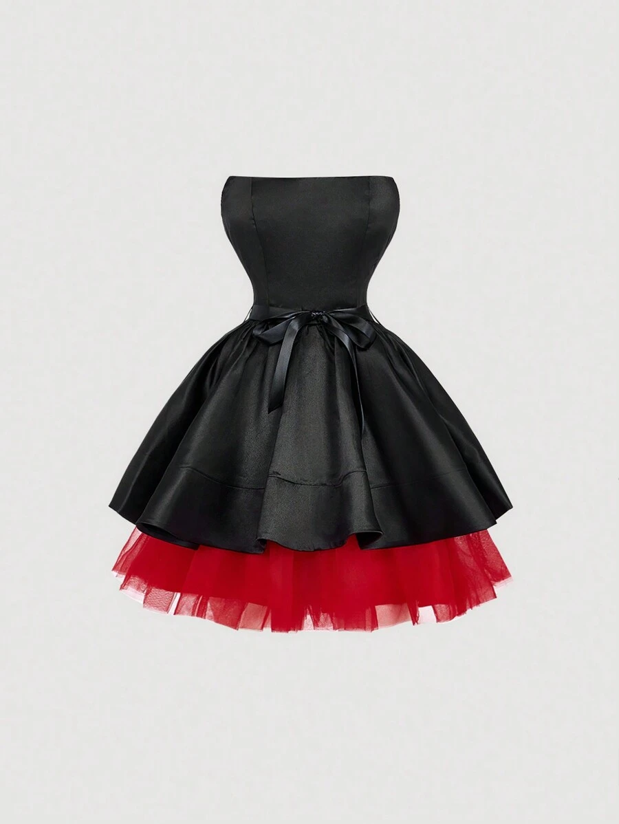 SHEIN MOD 黑色露肩撞色前晚礼服,适合正式场合、派对礼服、性感礼服、舞会礼服、节日服装、新年服装、节日服装、正式礼服、派对礼服、情人节礼服 - 黑色 - 查看 1