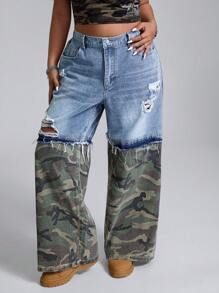 SHEIN ICON 大码拼布美式迷彩工装牛仔裤