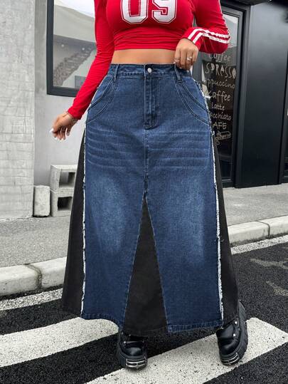 SHEIN ICON 大码几何拼布做旧洗水牛仔 A 字中长裙