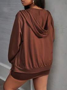 Slaydiva Simple Casual Hoodie Jacket With Raglan Sleeves And Zipper, Paired With A Mini Skirt Sweatsuit Set - Brown - View 6