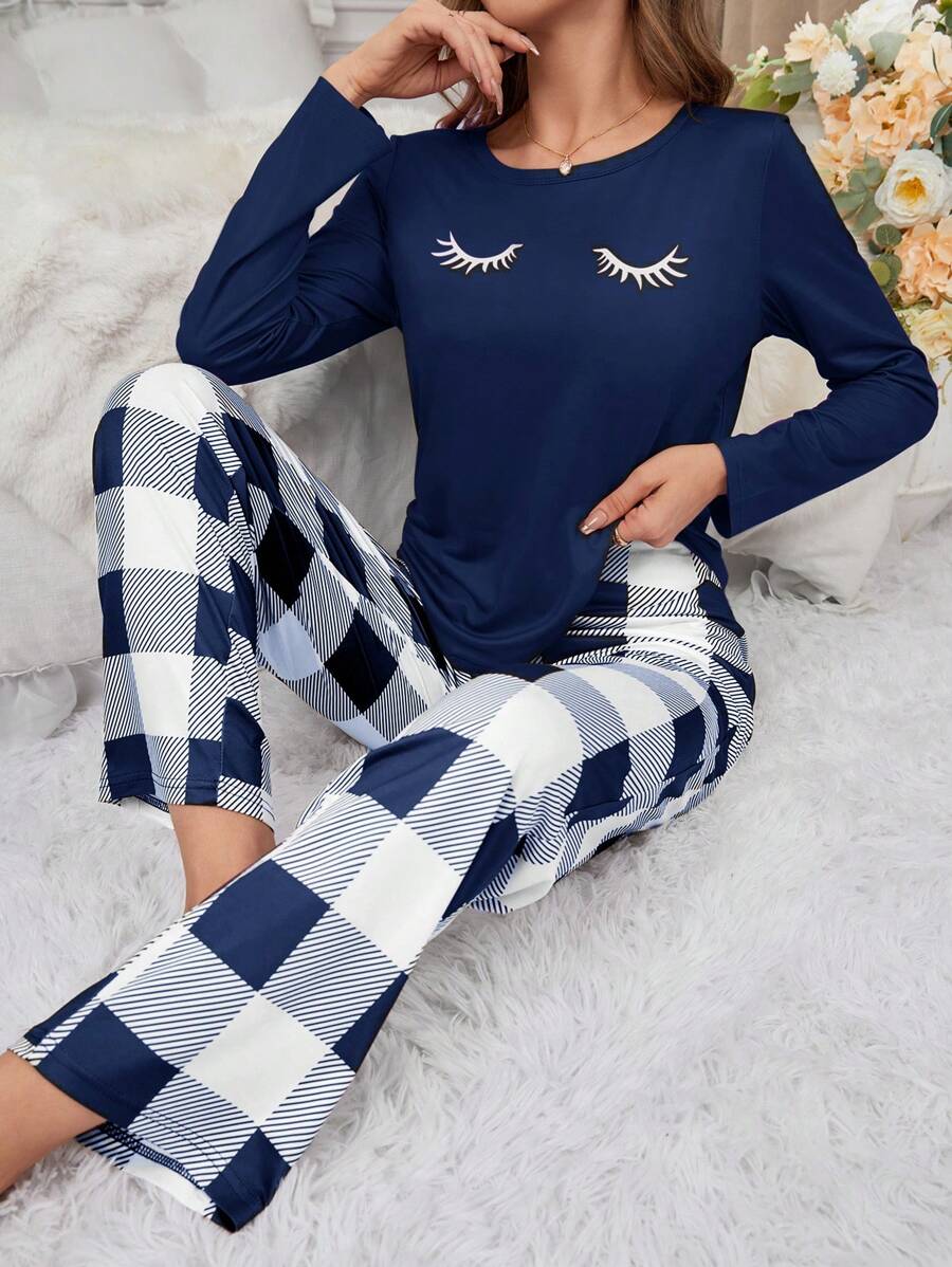 2 件女士睫毛格子睡衣套装