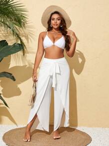 Swim Lushoire Pantalones Palazzo de talla grande para mujer con abertura frontal y bajo dividido, elegante para vacaciones y resorts en verano - Blanco - Ver 5