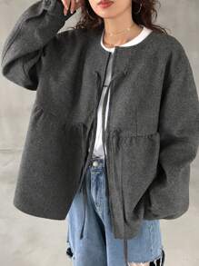 FRIFUL Chaqueta con volantes, empalmes y lazo para mujer, otoño e invierno - Gris Oscuro - Ver 5