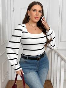 SHEIN Frenchy Plus Size Striped Casual Long Sleeve T-Shirt, Everyday Wear