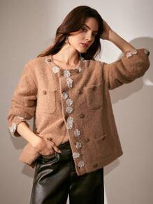 Anewsta Elegant Loose Floral Pocket Cardigan, High Quality Sophisticated Style Women Outfit For New Year
