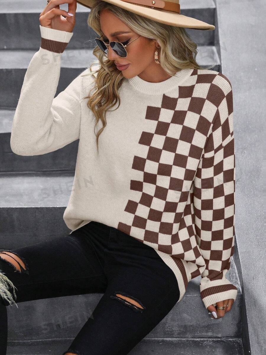 SHEIN LUNE Suéter de cuello redondo de manga larga de punto con estampado de cuadros para mujer, suéter de punto de otoño/invierno