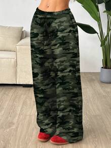 SHEIN EZwear Plus Size Casual Camouflage Print Drawstring Straight Leg Pants, Spring & Autumn - Multicolor - View 1