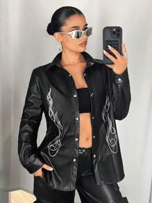 SHEIN ICON Áo khoác thường ngày thêu ngọn lửa PU dáng rộng cho nữ, tay dài - màu đen - Xem 1