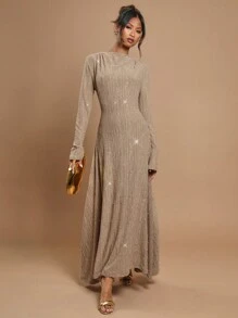 COSMINA Women's Round Neck Long Sleeve Sequin Asymmetric Hem Elegant Dress - Brown - View 3