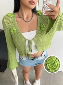 POPSWAY Plus Size Women 3D Crochet Floral Petal Long Sleeve Crop Cardigan, Suitable For All Seasons Indoor/Outdoor Wear, Fashion Crochet Sweater, Winter - Green - View 1