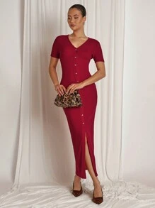 COSMINA Women's Solid Color Button Front Short Sleeve Casual Long Dress - Red - View 3