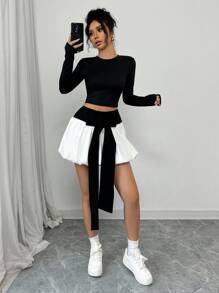 SHEIN Unity 性感露背吊带高领长袖上衣和蝴蝶结装饰短裙两件套 - 黑色 - 查看 8