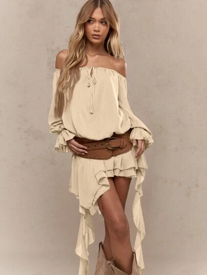 MISSGUIDED Bohemian Off Shoulder Ruffle Dress Asymmetrical High Low Hem Summer Beach Vacation Resort Wear Bardot Neckline Long Sleeve Midi Dress Without Belt