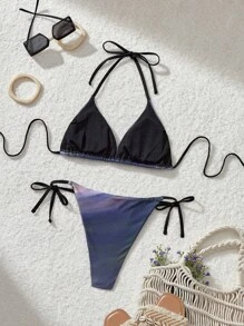 SHEIN MOD Women's Gradient Print V-Neck Halter Bikini Set,Beach Vacation Outfits, New Year,Valentine Outfits,Swim Suits For Women,Vacation Outfits Woman,Cruise Outfits Women For Summer Beach Vacation - Multicolor - View 2