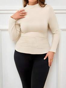 SHEIN Clasi Plus Size Women Solid Color Stand Collar Long Sleeve Ruched Casual T-Shirt, Autumn