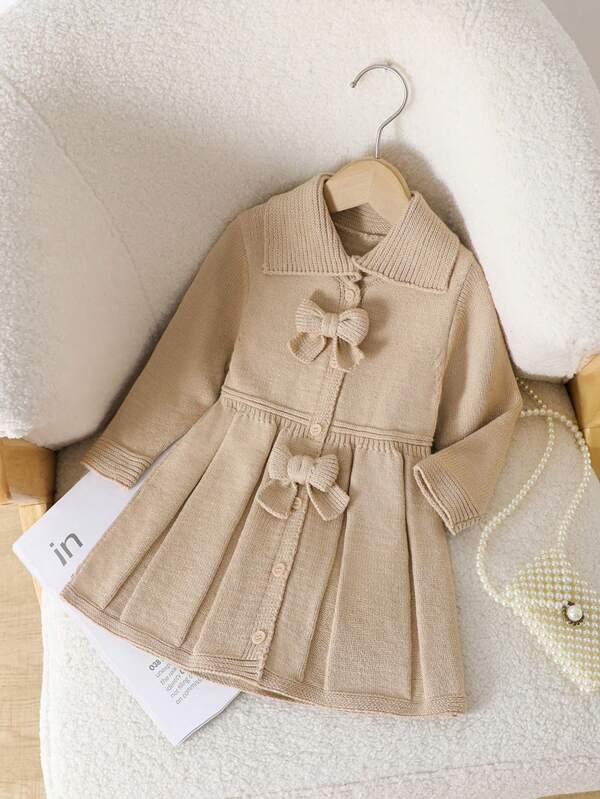 Vintage Elegant Collar Bow Knitted Dress For Baby Girls, Olive Green Long Sleeve High Waist Pleated Dress