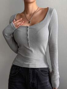 DAZY Women's Slim Fit Button-Up Long Sleeve Casual T-Shirt Fall Tops - Light Grey - View 4