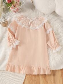 Baby Mädchen lässiges, süßes, strukturiertes Langarm-Kleid mit Spitzenverzierung, rosa Farbe, Loungewear