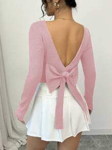 Chiquease 女士露背V领性感套头毛衣，饰有蝴蝶结，秋冬针织套头毛衣 - 粉色 - 查看 2