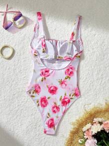 SHEIN MOD Women's Fashion Pink Floral Print Front Zip One-Piece Swimsuit,Tropical Summer Beach Vacation Holiday Cruise Outfits,Valentine's Day Swim Suits - Multicolor - View 2