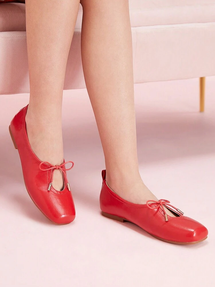CUCCOO DOLLMOD 1 Pair Of Square Toe Flat Slip-On Shoes, Casual And Formal Wear For Women, Featuring Bow Accent, Red PU, Comfortable Daily/Party