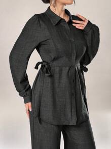 Graceveil 2 件套女士纯色前扣长袖简约上衣和长裤 2 件套女士适度秋季服装 - 灰色 - 查看 2