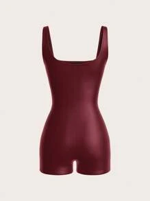 SHEIN EZwear Women's New Stretch Leather Jumpsuit - Burgundy - View 2