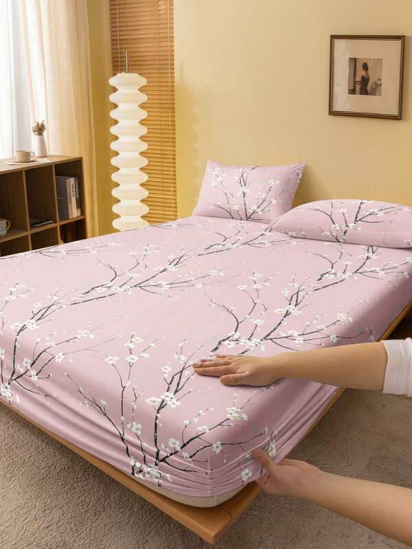 1Pc Pink Plum Blossom Flower Pattern Fitted Sheet, Tree Branches Mattress Protector, Valentine's Day Mattress Cover For Bed, Bed Sheet, Soft And Breathable, For All Size Bed -Twin, Full, King, Queen Size Sheet Deep Pocket Bed Sheets Home Textile Back School Bedding Domitory Bedding Set