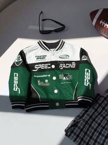SHEIN Baby Boy Green And Black Color Block Casual Sports Streetwear Motorcycle Jacket, Suitable For Home, Outgoing And Sports, Spring/Autumn/Winter