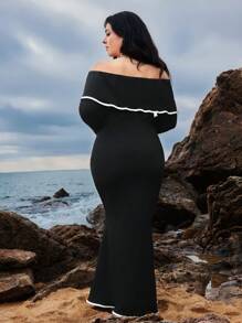 SHEIN VCAY Plus Size Off Shoulder Sheath Dress, Solid Color With Contrast Trim