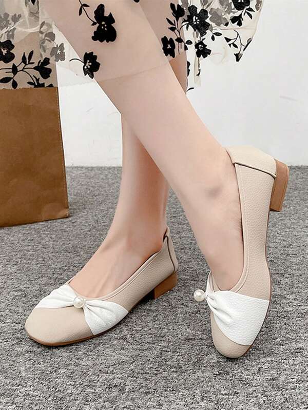 Teens' Flat Slip-On Shoes, Fashionable Two-Tone Bow Pearl Square Toe Slouchy Loafers, Versatile Daily Wear Student Shoes