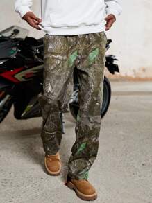 PAVTROS Manfinity Streetrush Men's Minimalist Full-Print Front Tie Pocket Long Pants, Casual For Daily Wear - Army Green - View 3