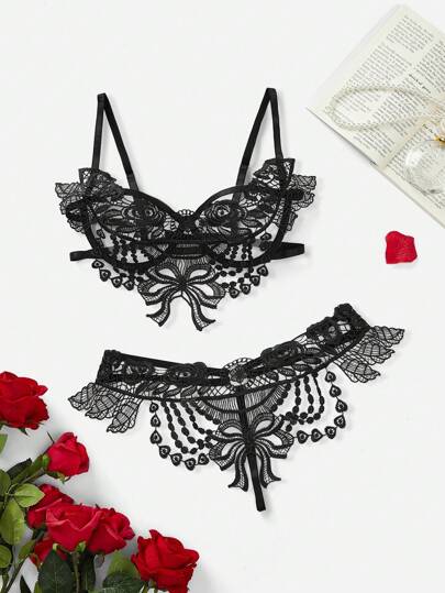 Women Bloemen Geborduurde Hollow Out Underwire Lingerie Set Going view 8