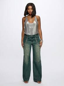 SUMWON WOMEN Rhinestone Oversized Washed Jeans