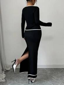 Selianne Women's Elegant 2 Pieces Set: Color Block V-Neck Long Sleeve Single-Breasted Top And Long Midi Skirt Fall Cloth For Women - Black and White - View 3