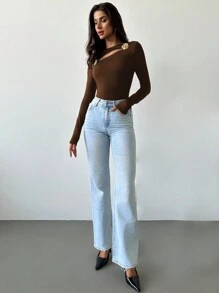 Firerie 女士优雅镂空玫瑰金属装饰长袖修身黑色 T 恤，秋季时尚 - 咖啡棕 - 查看 4