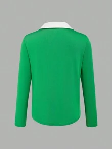 SHEIN Unity Women's Spring/Summer Colorblock Collared Long Sleeve Casual T-Shirt Graphic Tees Women Tops For Spring Outfit Fall Cloth For Women - Green - View 2