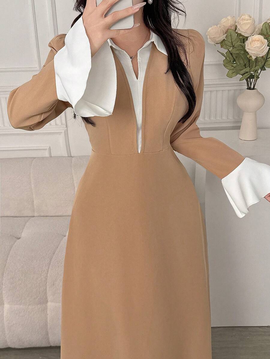 Modelyn Váy dài trơn cho phụ nữ, giản dị và thời trang để mặc hàng ngày Váy dài dạ hội - Màu be - Xem 1