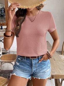 SHEIN Frenchy Damen lässiges T-Shirt mit Rundhalsausschnitt und Kurzen Ärmeln, mit Struktur - Altrosa - Übersicht 3