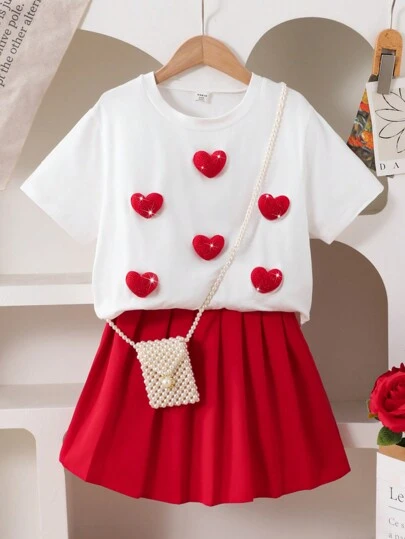 SHEIN 2 件套 3D 心形图案少女白色上衣和红色百褶裙套装情人节